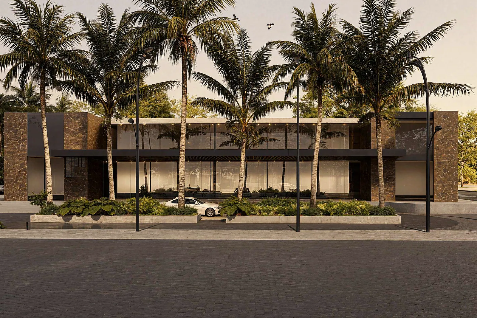 Fachada del Club House de Ecopiro'y con palmeras y piscina