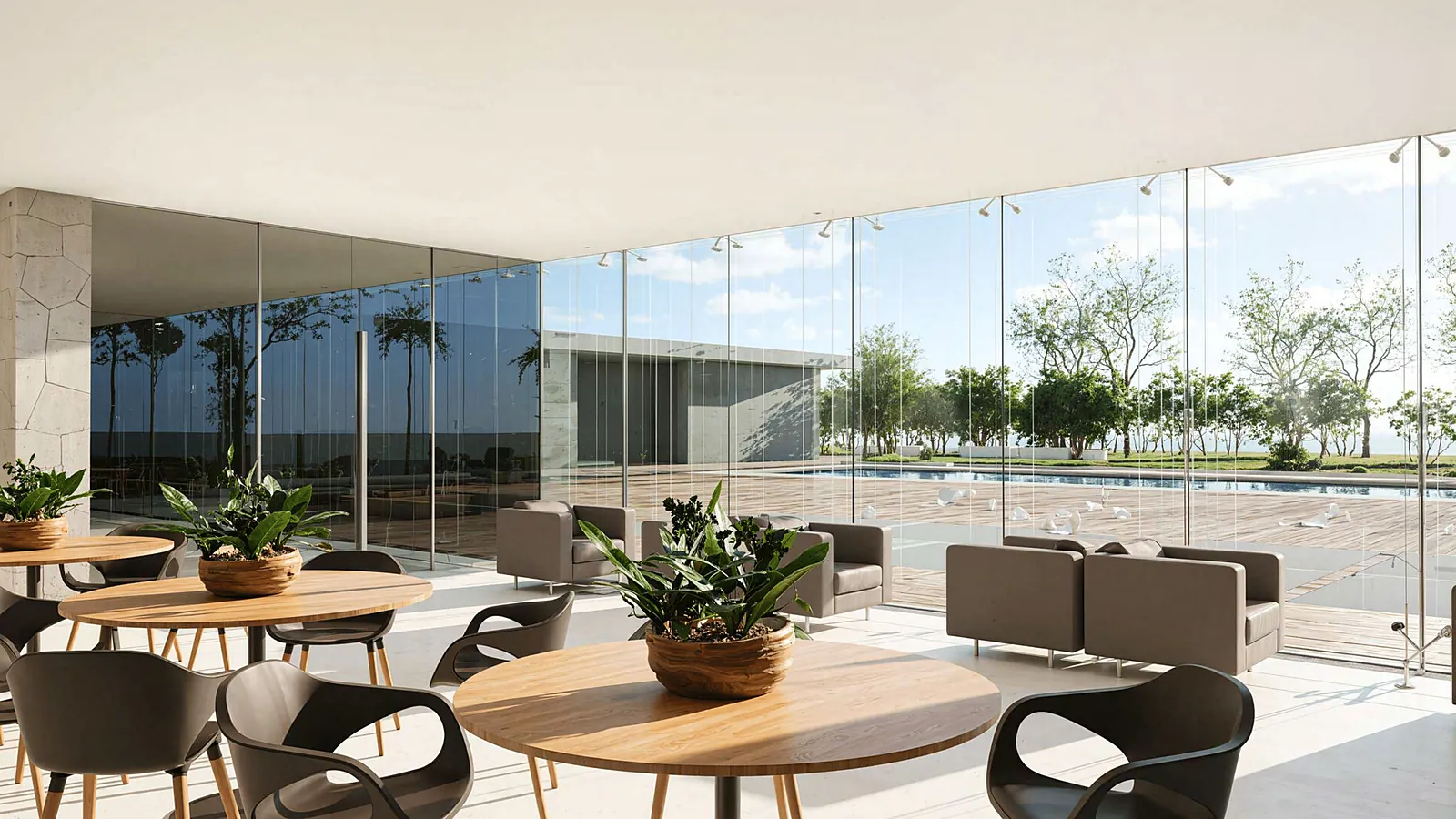 Área de co-working del Club House con mesas y vista al jardín