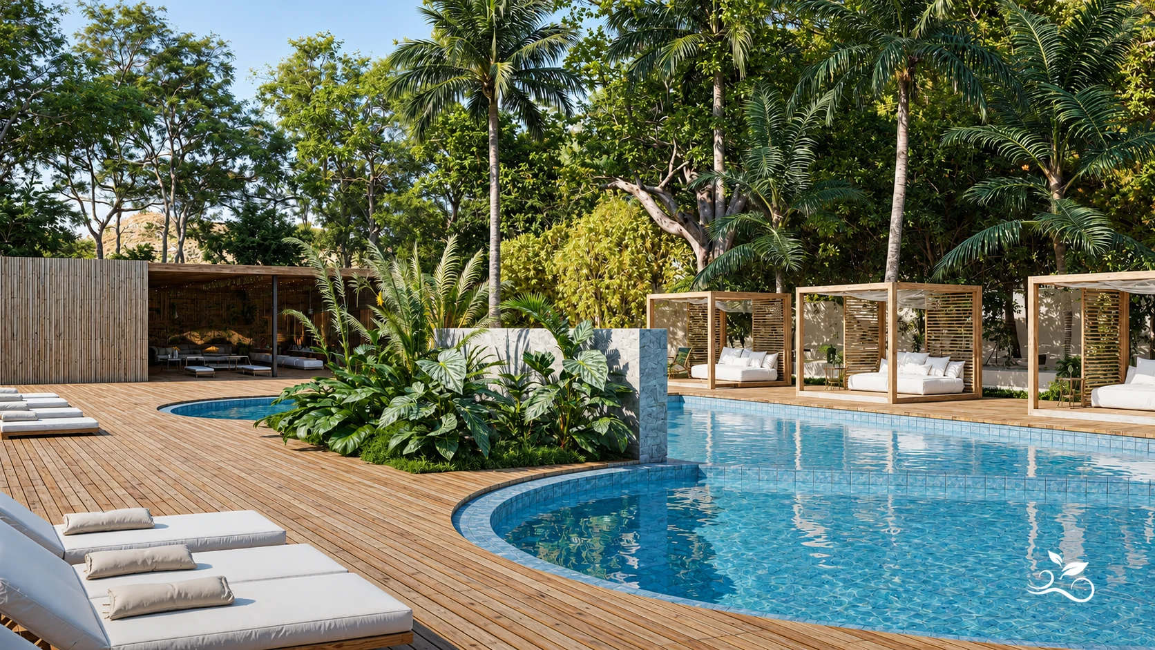 Piscina con deck de madera, reposeras y cabañas de descanso