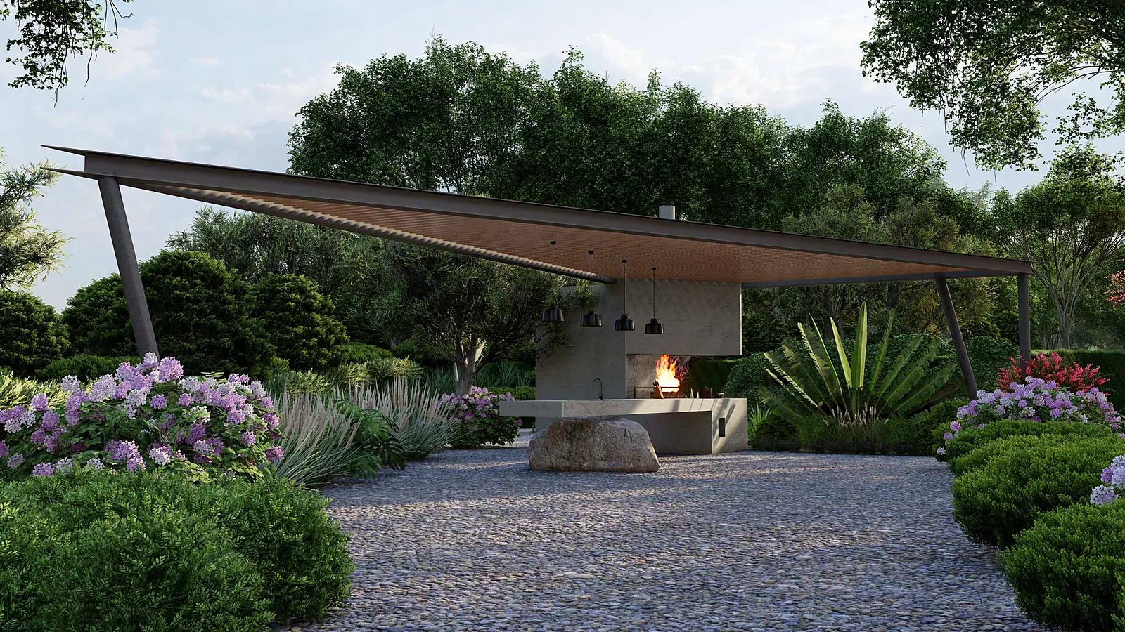 Quincho secundario con parrilla bajo una pérgola entre jardines