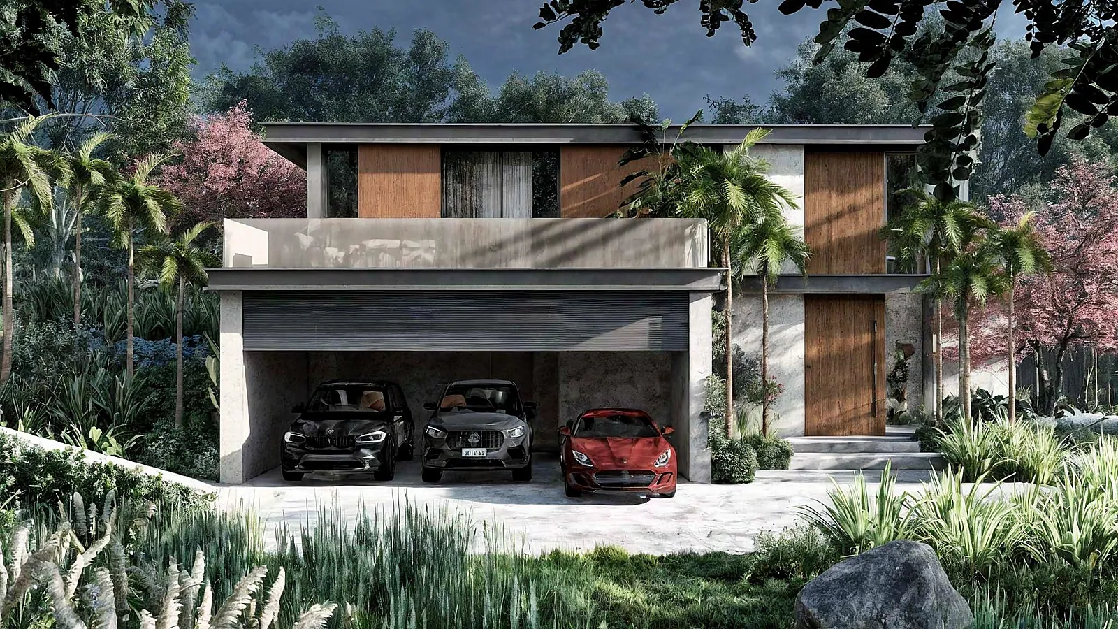 Residencia modelo de dos plantas con garaje, madera y piedra