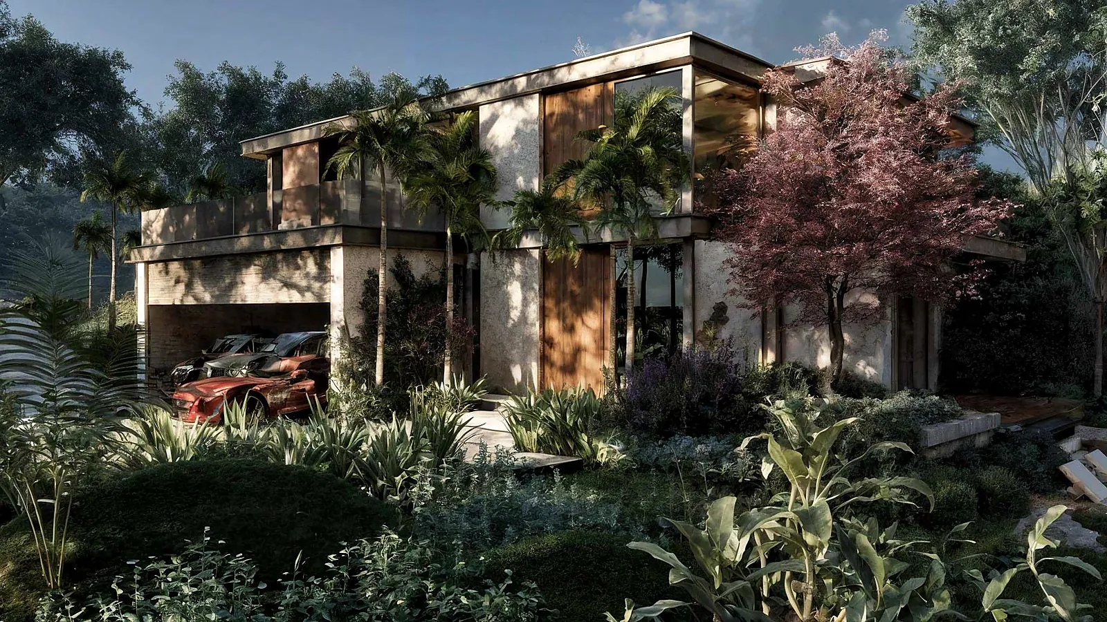 Residencia modelo vista desde el jardín con palmeras y lapachos